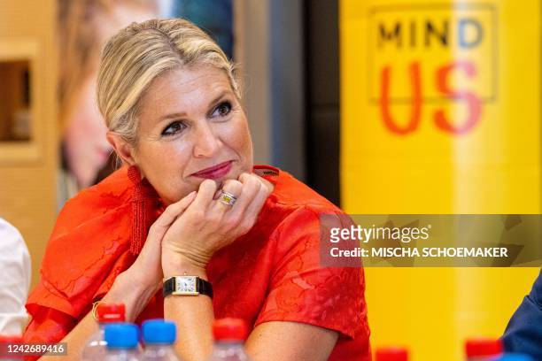 Queen Maxima of Netherlands attends a meeting as she visits the Welcome Week and Introductory Programme activity market for new students in Delft, on...