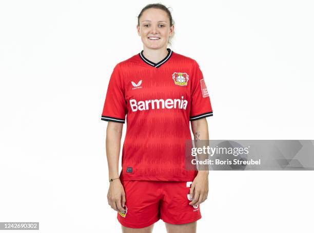 Verena Wieder of Bayer Leverkusen Women poses during the team presentation at BayArena on August 23, 2022 in Leverkusen, Germany.