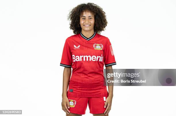 Amira Arfaoui of Bayer Leverkusen Women poses during the team presentation at BayArena on August 23, 2022 in Leverkusen, Germany.