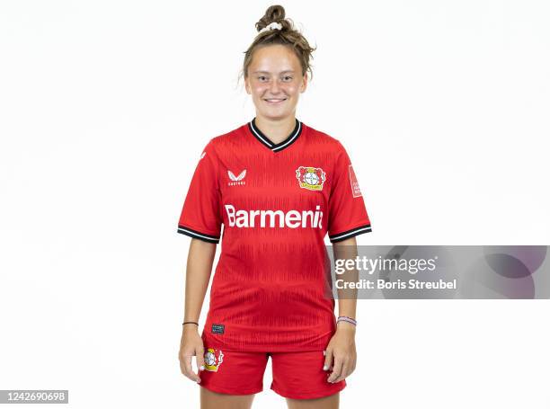 Sofie Zdebel of Bayer Leverkusen Women poses during the team presentation at BayArena on August 23, 2022 in Leverkusen, Germany.