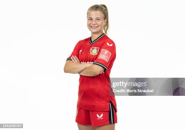 Kristin Koegel of Bayer Leverkusen Women poses during the team presentation at BayArena on August 23, 2022 in Leverkusen, Germany.