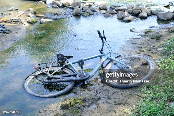 An abandoned bicycle emerges from the river 'Het Meertje', a tributary of the Waal river, the main distributary branch of the river Rhine on August...