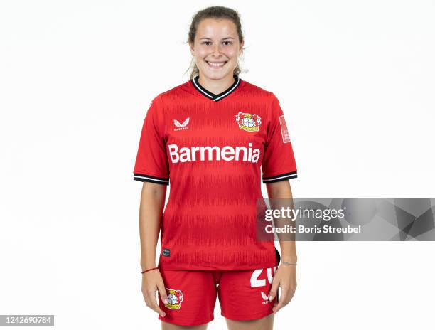 Dina Blagojevic of Bayer Leverkusen Women poses during the team presentation at BayArena on August 23, 2022 in Leverkusen, Germany.