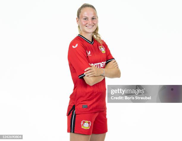 Annika Enderle of Bayer Leverkusen Women poses during the team presentation at BayArena on August 23, 2022 in Leverkusen, Germany.