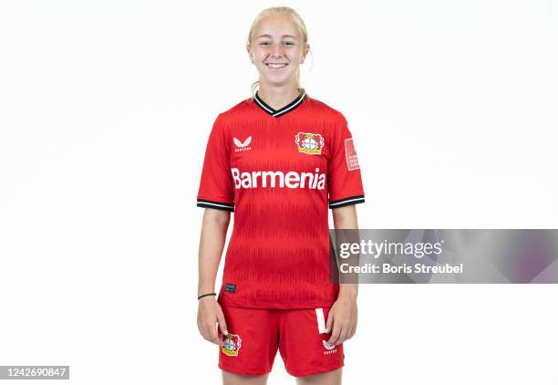 Caroline Siems of Bayer Leverkusen Women poses during the team presentation at BayArena on August 23, 2022 in Leverkusen, Germany.