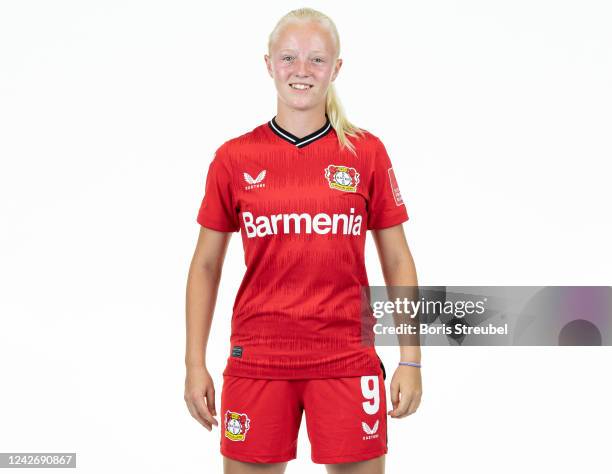 Chiara Buecher of Bayer Leverkusen Women poses during the team presentation at BayArena on August 23, 2022 in Leverkusen, Germany.