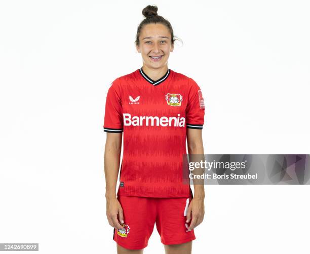 Sylwia Matysik of Bayer Leverkusen Women poses during the team presentation at BayArena on August 23, 2022 in Leverkusen, Germany.