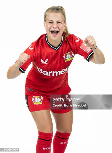 Kristin Koegel of Bayer Leverkusen Women poses during the team presentation at BayArena on August 23, 2022 in Leverkusen, Germany.