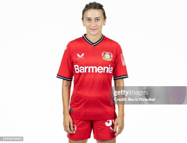 Lara Marti of Bayer Leverkusen Women poses during the team presentation at BayArena on August 23, 2022 in Leverkusen, Germany.