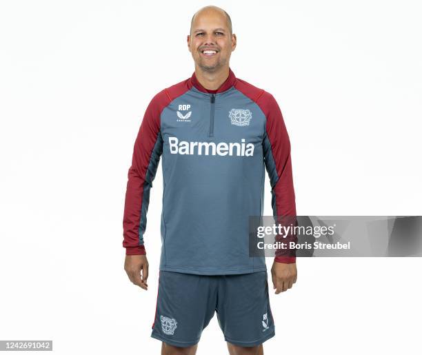 Head coach Robert de Pauw of Bayer Leverkusen Women poses during the team presentation at BayArena on August 23, 2022 in Leverkusen, Germany.