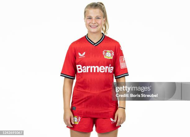 Kristin Koegel of Bayer Leverkusen Women poses during the team presentation at BayArena on August 23, 2022 in Leverkusen, Germany.