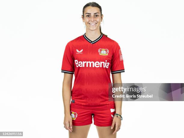 Selina Ostermeier of Bayer Leverkusen Women poses during the team presentation at BayArena on August 23, 2022 in Leverkusen, Germany.