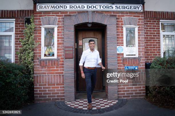 Former Chancellor to the Exchequer and Conservative leadership contender Rishi Sunak visits his father's old doctors surgery where he was a GP, at...