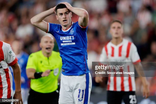 Tom Lawrence of Rangers FC during the UEFA Champions League match between PSV v Rangers at the Philips Stadium on August 24, 2022 in Eindhoven...
