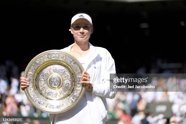 Elena Rybakina of Kazakhstan with the winners trophy after defeating Ons Jabeur of Tunisia in the Women's Singles Final at The Wimbledon Lawn Tennis...