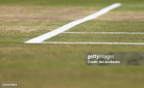 General view of the grass court during the Elena Rybakina of Kazakhstan and Ons Jabeur of Tunisia Women's Singles Final at The Wimbledon Lawn Tennis...