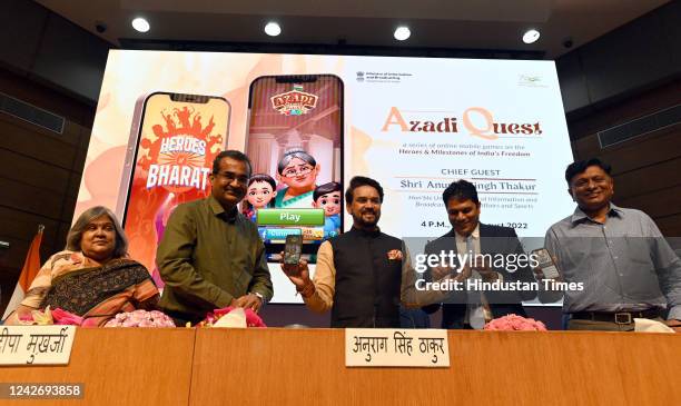 Joint secretary I&B ministry Vikram sahay, DG PIB monideepa Mukherjee, Union minister of information and broadcasting, youth and sports Anurag Singh...