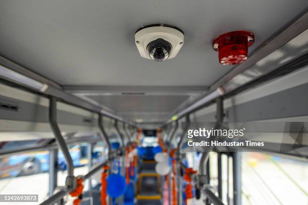 View inside a DTC electric bus during a flag off ceremony by Delhi Chief Minister Arvind Kejriwal and Delhi Transport Minister Kailash Gahlot, at...