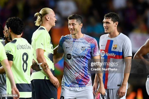 Erling Haaland Centre-Forward of Manchester City and Norway and Robert Lewandowski centre-forward of Barcelona and Poland greets each other after the...