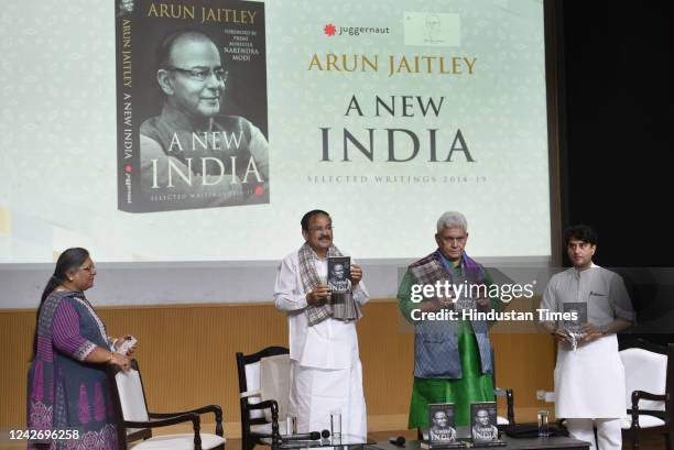 Former Vice President M Venkaiah Naidu, Jammu and Kashmir Lieutenant Governor Manoj Sinha and Union Aviation Minister Jyotiraditya Scindia with...