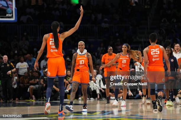 DeWanna Bonner of the Connecticut Sun reacts to a play during Round 1 Game 3 of the 2022 WNBA Playoffs on August 24, 2022 at the College Park Center...