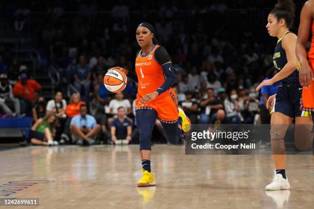 Odyssey Sims of the Connecticut Sun dribbles the ball during Round 1 Game 3 of the 2022 WNBA Playoffs on August 24, 2022 at the College Park Center...
