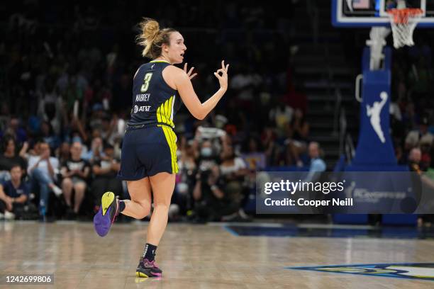 Marina Mabrey of the Dallas Wings reacts to a play during Round 1 Game 3 of the 2022 WNBA Playoffs on August 24, 2022 at the College Park Center in...