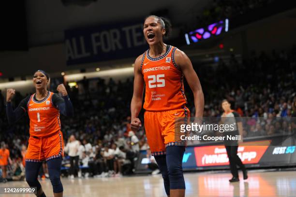 Alyssa Thomas of the Connecticut Sun reacts to a play during Round 1 Game 3 of the 2022 WNBA Playoffs on August 24, 2022 at the College Park Center...