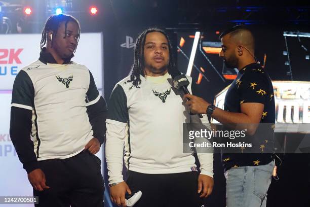 League Announcer, India interviews Cooks of Bucks Gaming during the 2022 NBA 2K League 5v5 Playoffs on August 24, 2022 at NBA 2K League Studio in...