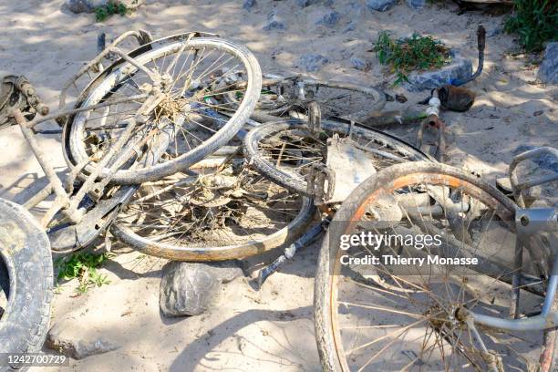 Abandoned bicycle semerges from the river 'Het Meertje', a tributary of the Waal river, the main distributary branch of the river Rhine on August 23,...