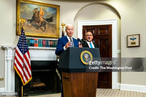 August 24, 2022: US President Joe Biden delivers remarks regarding student loan debt forgiveness in the Roosevelt Room of the White House on...