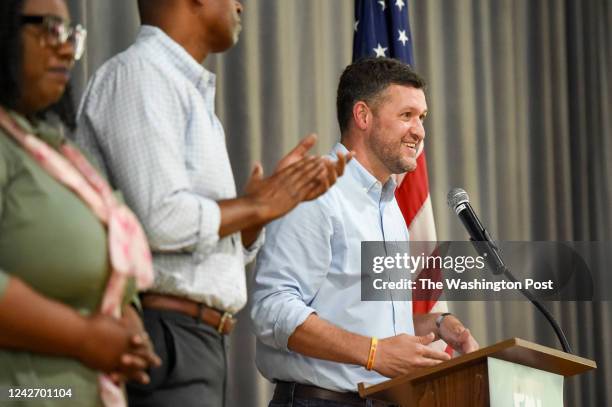 Democratic candidate Pat Ryan, right, speaks during a rally in Kingston, New York on Saturday, Aug. 13, 2022. Mr. Ryan, the Ulster County executive,...