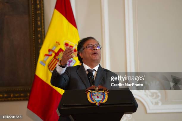 Colombian president Gustavo Petro speaks during the official visit of Pedro Sanchez, government president of Spain to Colombia, in Bogota, Colombia...