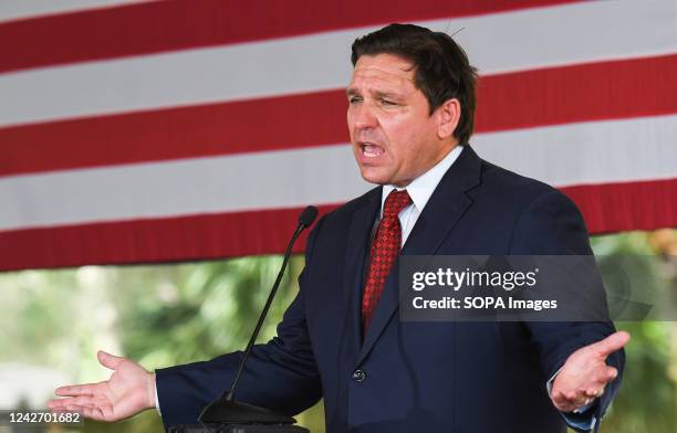 Florida Gov. Ron DeSantis speaks to supporters at a campaign stop on the Keep Florida Free Tour at the Horsepower Ranch in Geneva. DeSantis faces...