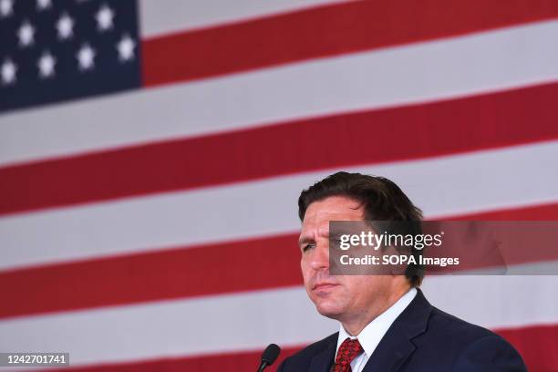 Florida Gov. Ron DeSantis speaks to supporters at a campaign stop on the Keep Florida Free Tour at the Horsepower Ranch in Geneva. DeSantis faces...