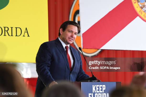 Florida Gov. Ron DeSantis speaks to supporters at a campaign stop on the Keep Florida Free Tour at the Horsepower Ranch in Geneva. DeSantis faces...