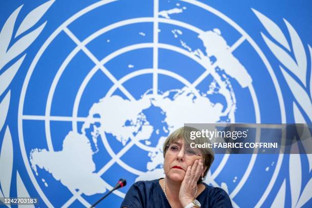 Outgoing United Nations High Commissioner for Human Rights Michelle Bachelet gives a final press conference at the United Nations offices in Geneva...