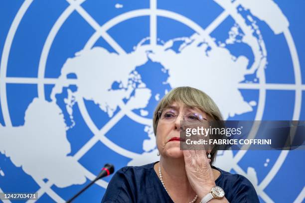 Outgoing United Nations High Commissioner for Human Rights Michelle Bachelet gives a final press conference at the United Nations offices in Geneva...