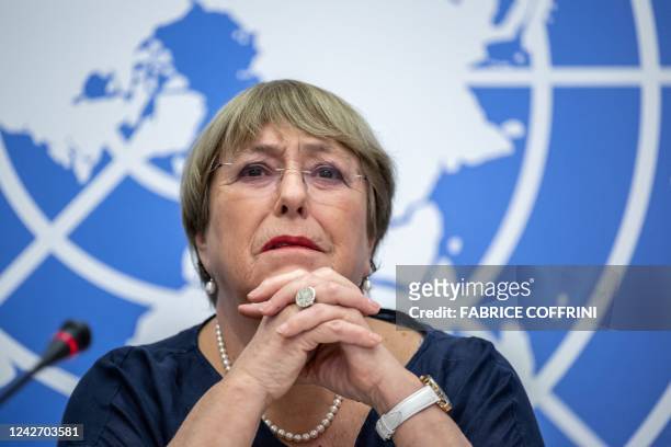 Outgoing United Nations High Commissioner for Human Rights Michelle Bachelet gives a final press conference at the United Nations offices in Geneva...