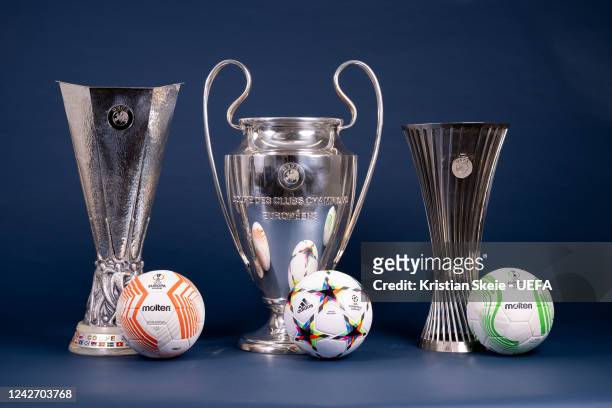 View of the UEFA Europa League, UEFA Champions League and UEFA Europa Conference League 2022/23 Group Stage match balls next to the UEFA Europa...
