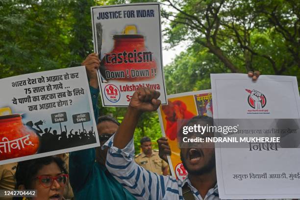 Students take part in a protest in Mumbai on August 25 against the death of Indra Meghwal, a student belonging to Dalit community, who passed away...