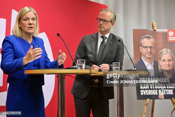 Sweden's Prime Minister Magdalena Andersson, leader of the Swedish Social Democrats, and Sweden's Finance Minister Mikael Damberg present their...