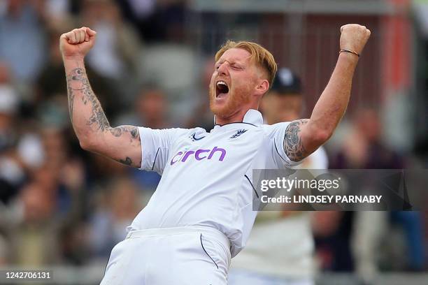 England's captain Ben Stokes celebrates after appealing successfully for LBW against South Africa's Rassie van der Dussen on day 1 of the second Test...