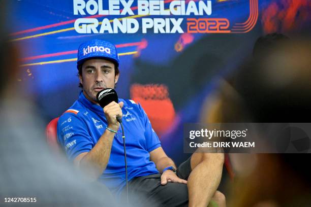 Alpine Spanish rider Fernando Alonso pictured during a press conference ahead of this weekend's Spa-Francorchamps Formula One Grand Prix of Belgium...