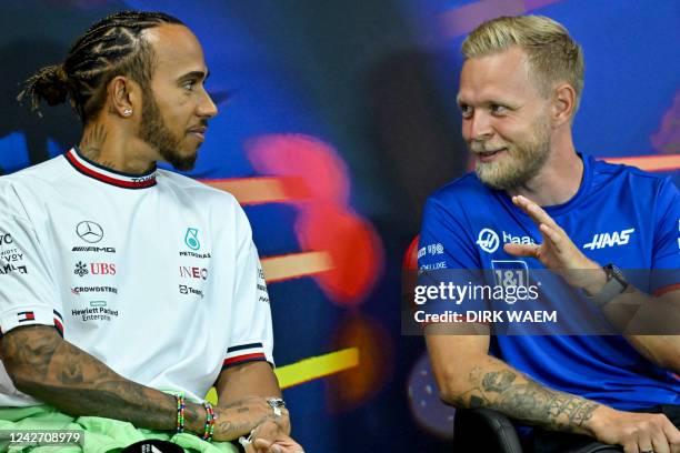 Mercedes-AMG Petronas UK rider Lewis Hamilton and Haas Danish rider Kevin Magnussen pictured during a press conference ahead of this weekend's...