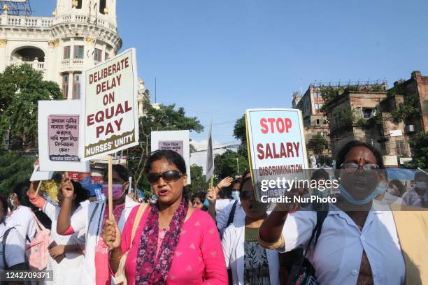 Nurse a mass march from Maulali Ramlila Maidan in Kolkata to protest against salary inequality in Kolkata, India, on August 25, 2022.