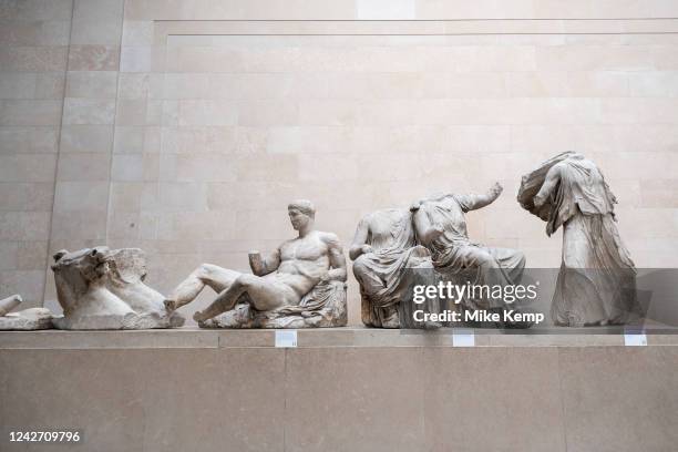 Parthenon sculptures of Ancient Greece, fragments which are collectively known as the Elgin Marbles at the British Museum on 24th August 2022 in...