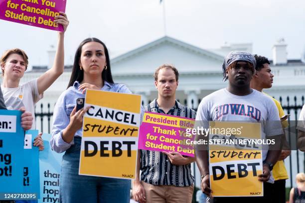 Activists gather to rally in support of cancelling student debt, in front of the White House in Washington, DC, on August 25, 2022. - Biden announced...