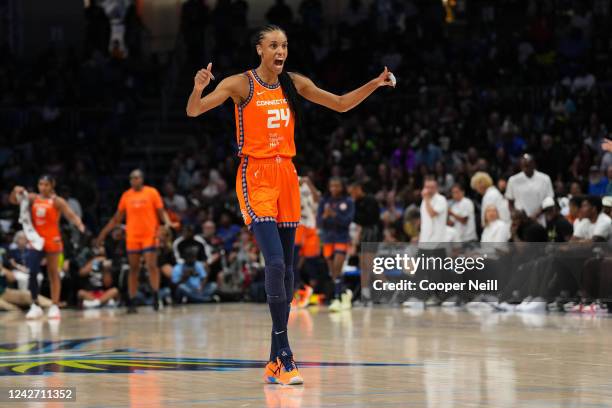 DeWanna Bonner of the Connecticut Sun celebrates during the game against the Dallas Wings during Round 1 Game 3 of the 2022 WNBA Playoffs on August...