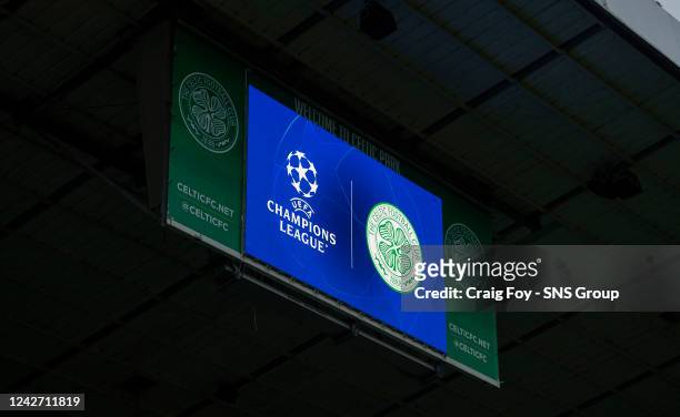 The Champions League badge on the big screens at Celtic Park , on August 25 in Glasgow, Scotland.